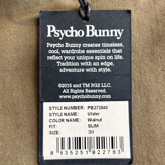 Psycho Bunny by Robert Godley Ulster Walnut Slim. fit Twill pants SZ 30 - Picture 7 of 13